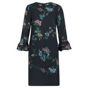 Hobbs London Freida Floral Shift Dress Green Botanical With Ruffle Sleeves Size